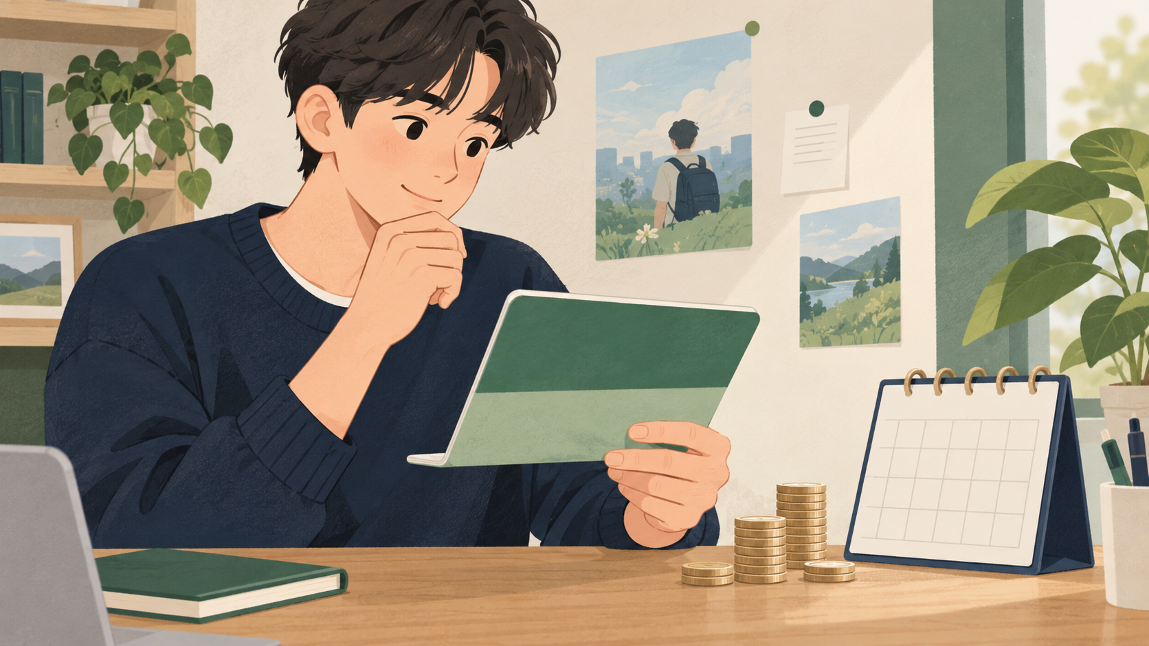 저축 계획을 살펴보는 가상의 청년과 동전·달력을 묘사한 AI 설명 그림